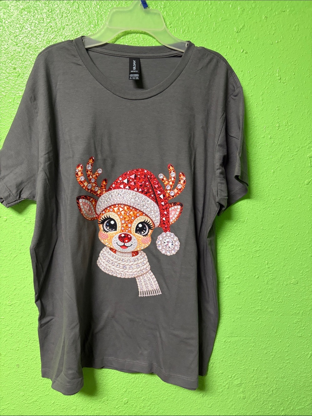 Gildan Gray adult Short-Sleeve Tee with Sequin Reindeer